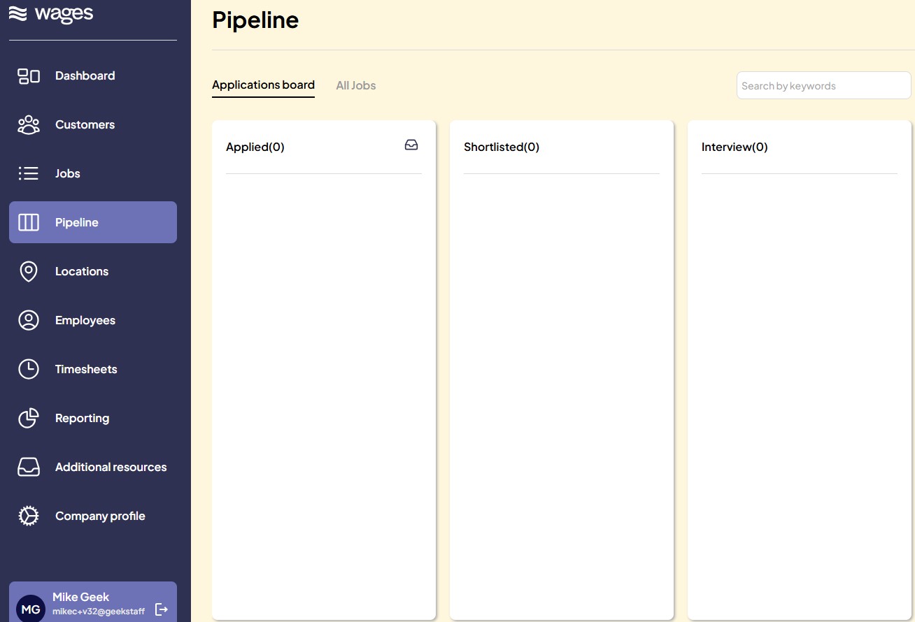 Tableau de bord Wages ATS — postes ouverts, nouveaux candidats et pipeline